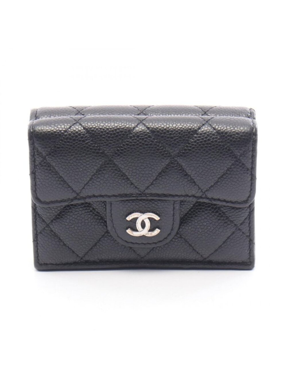 Chanel Trifold Wallet Classic Small Flap Quilted Black Caviar Leather Compact